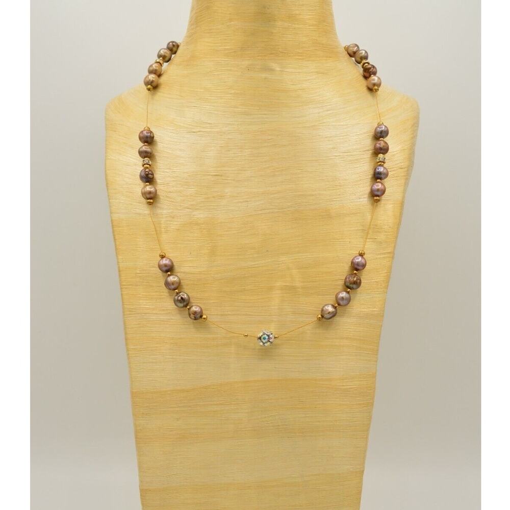 Vintage Crystal Station Necklace Aurora Borealis Mauve Pearl Gold Beaded BinM